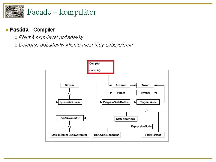 Facade – kompilátor Fasáda - Compiler Přijímá high-level požadavky Deleguje požadavky klienta mezi třídy