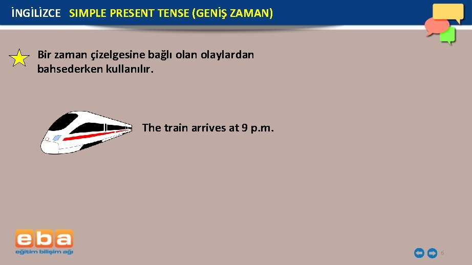 İNGİLİZCE SIMPLE PRESENT TENSE (GENİŞ ZAMAN) Bir zaman çizelgesine bağlı olan olaylardan bahsederken kullanılır.