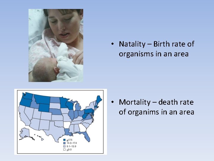  • Natality – Birth rate of organisms in an area • Mortality –