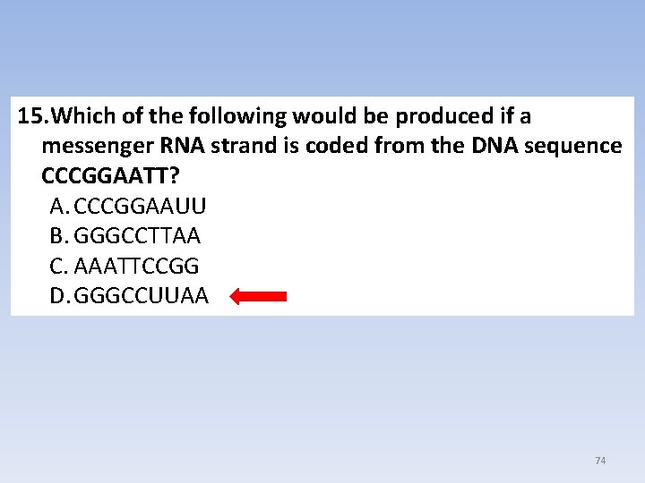 15. Which of the following would be produced if a messenger RNA strand is