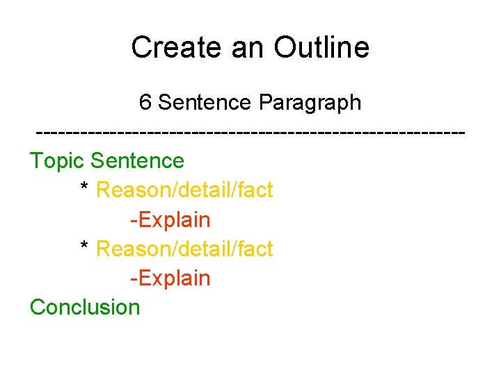 Create an Outline 6 Sentence Paragraph -----------------------------Topic Sentence * Reason/detail/fact -Explain Conclusion 