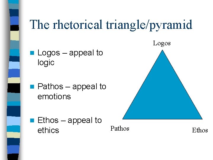The rhetorical triangle/pyramid Logos n Logos – appeal to logic n Pathos – appeal