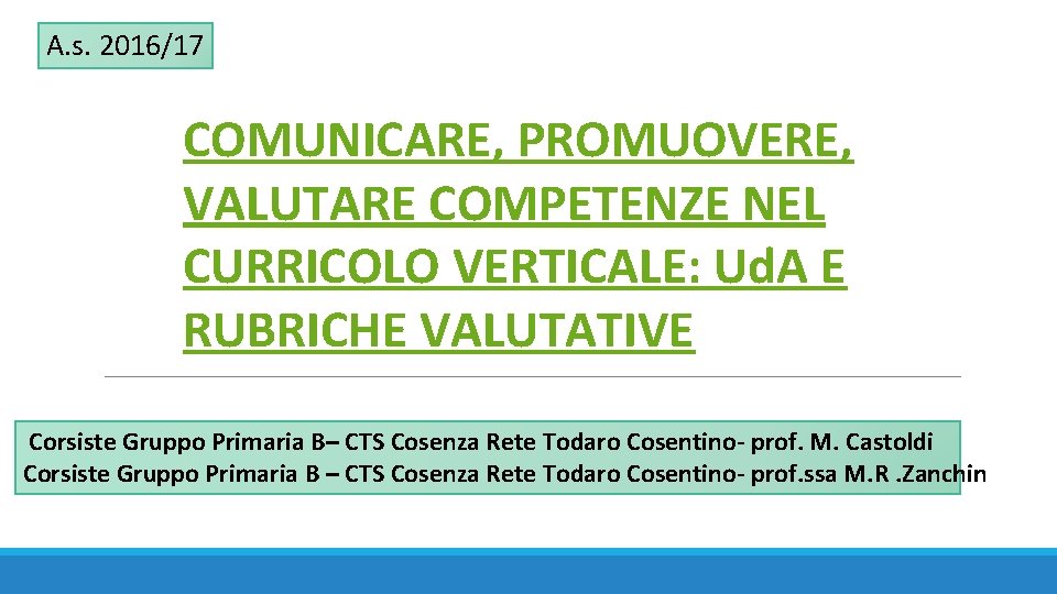 A. s. 2016/17 COMUNICARE, PROMUOVERE, VALUTARE COMPETENZE NEL CURRICOLO VERTICALE: Ud. A E RUBRICHE