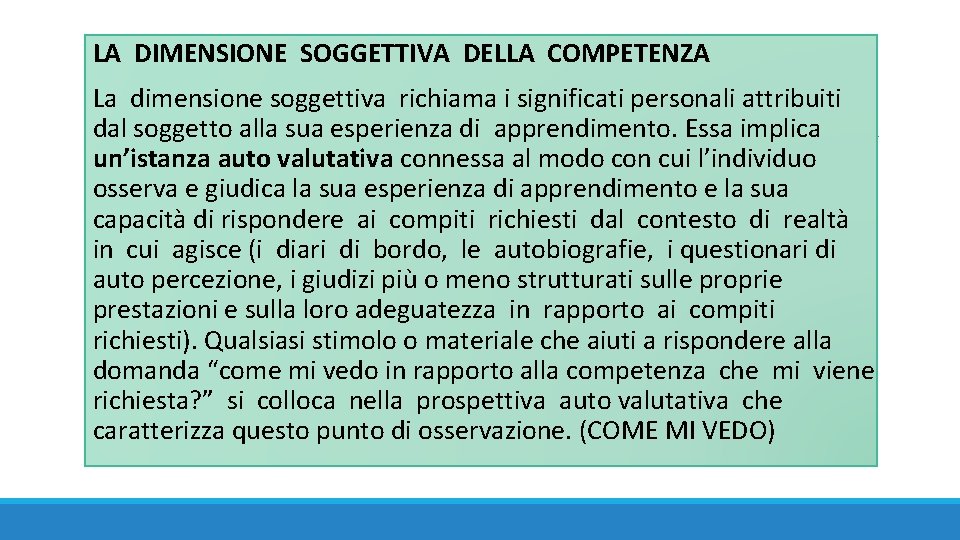  LA DIMENSIONE SOGGETTIVA DELLA COMPETENZA La dimensione soggettiva richiama i significati personali attribuiti