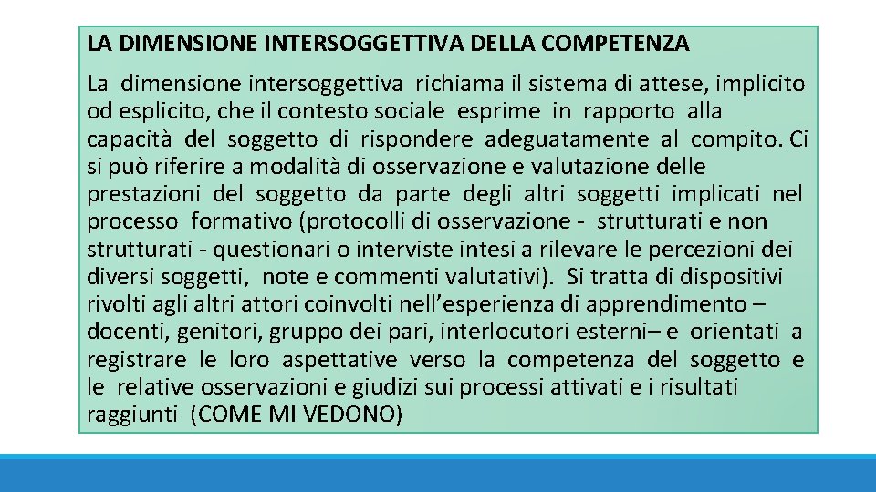  LA DIMENSIONE INTERSOGGETTIVA DELLA COMPETENZA La dimensione intersoggettiva richiama il sistema di attese,