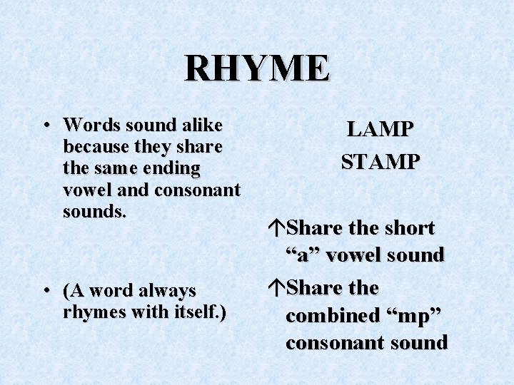 RHYME • Words sound alike because they share the same ending vowel and consonant