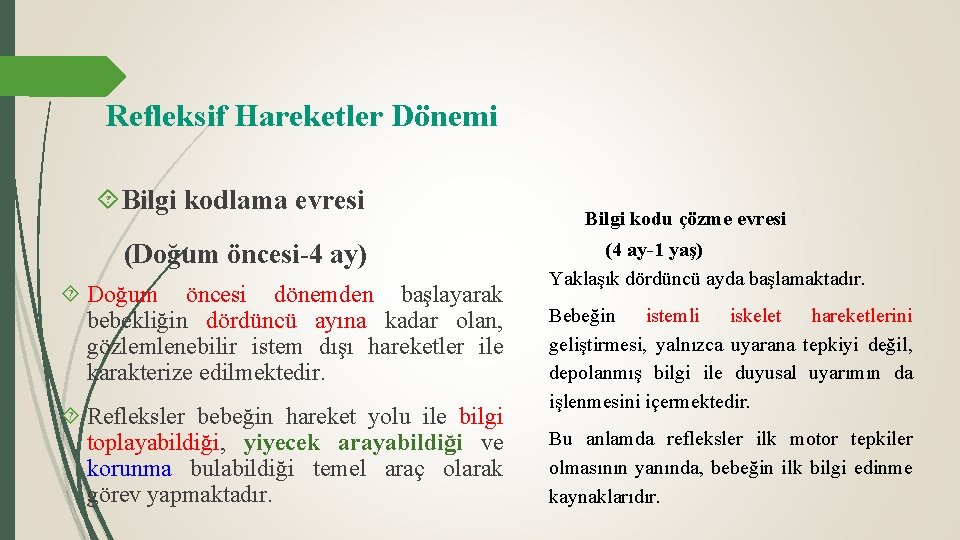  Refleksif Hareketler Dönemi Bilgi kodlama evresi (Doğum öncesi-4 ay) Doğum öncesi dönemden başlayarak