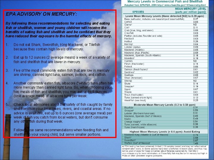 EPA ADVISORY ON MERCURY: By following these recommendations for selecting and eating fish or