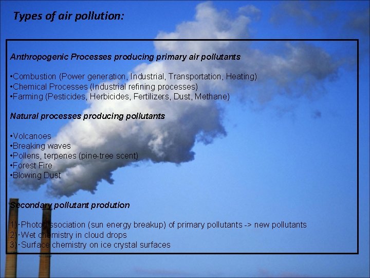 Types of air pollution: Anthropogenic Processes producing primary air pollutants • Combustion (Power generation,