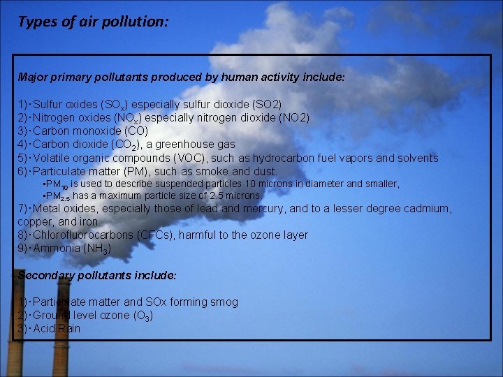 Types of air pollution: Major primary pollutants produced by human activity include: 1)･Sulfur oxides