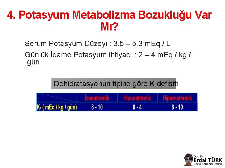 4. Potasyum Metabolizma Bozukluğu Var Mı? Serum Potasyum Düzeyi : 3. 5 – 5.