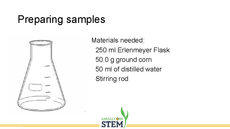 Preparing samples Materials needed: 250 ml Erlenmeyer Flask 50. 0 g ground corn 50