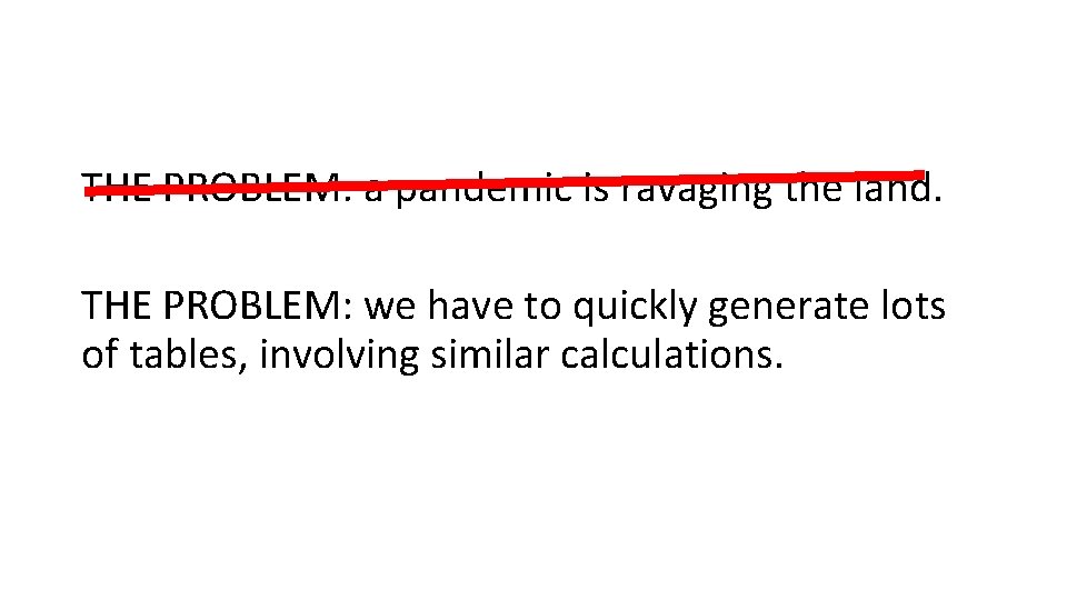 THE PROBLEM: a pandemic is ravaging the land. THE PROBLEM: we have to quickly