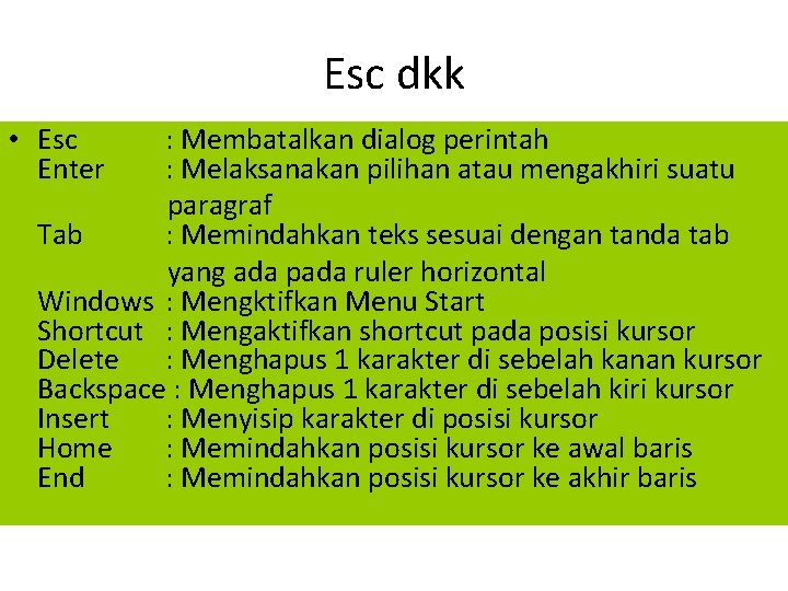 Esc dkk • Esc Enter : Membatalkan dialog perintah : Melaksanakan pilihan atau mengakhiri