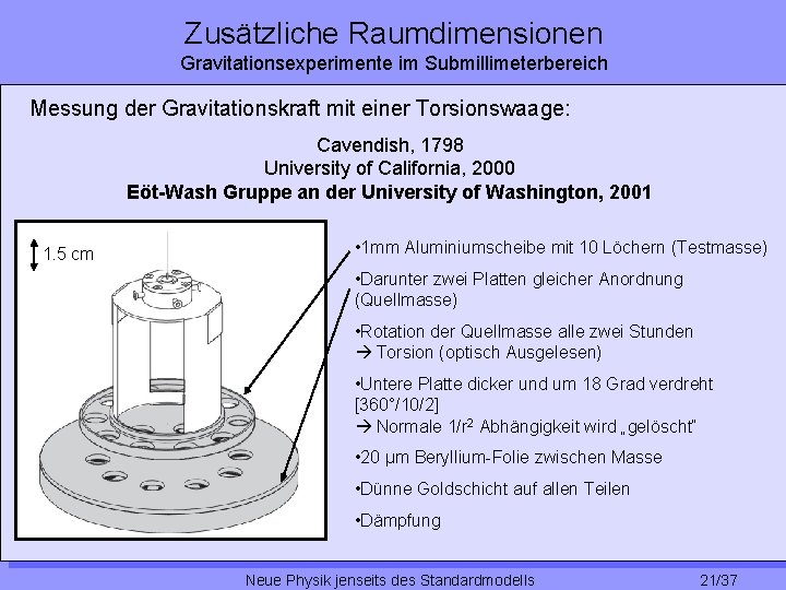 Zusätzliche Raumdimensionen Gravitationsexperimente im Submillimeterbereich Messung der Gravitationskraft mit einer Torsionswaage: Cavendish, 1798 University