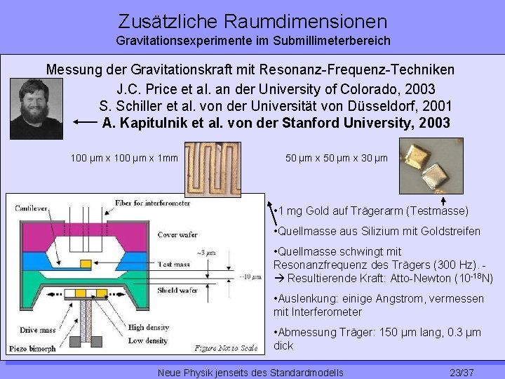Zusätzliche Raumdimensionen Gravitationsexperimente im Submillimeterbereich Messung der Gravitationskraft mit Resonanz-Frequenz-Techniken J. C. Price et