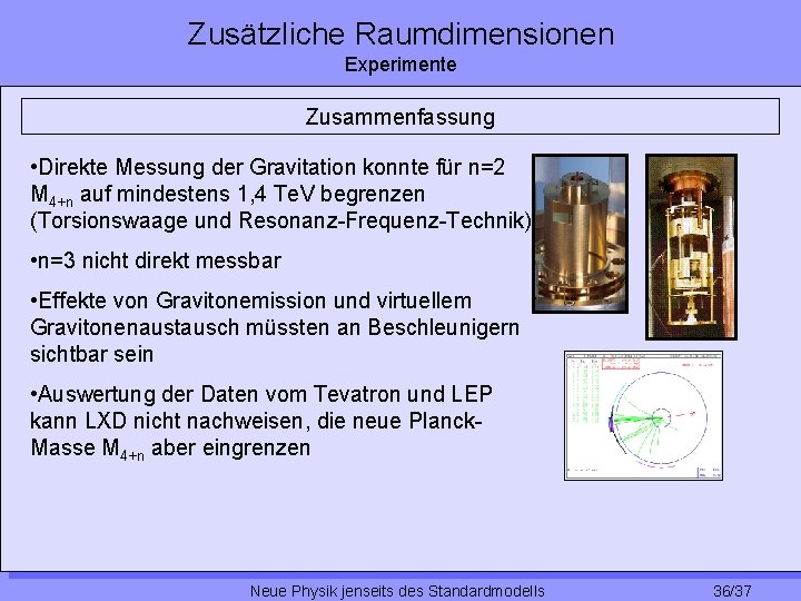 Zusätzliche Raumdimensionen Experimente Zusammenfassung • Direkte Messung der Gravitation konnte für n=2 M 4+n