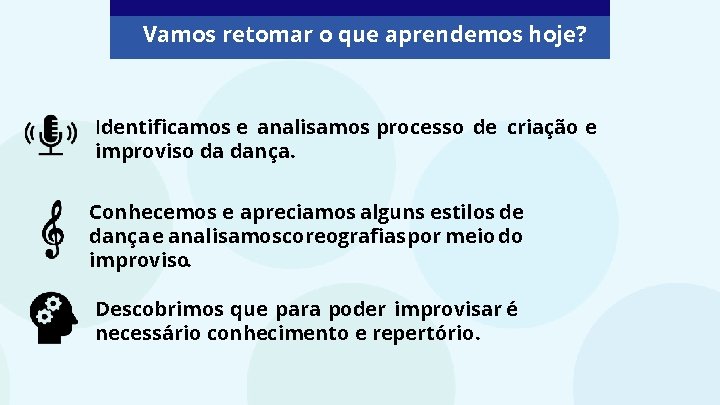 Vamos retomar o que aprendemos hoje? Identificamos e analisamos processo de criação e improviso