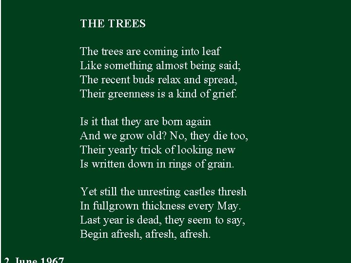 THE TREES The trees are coming into leaf Like something almost being said; The