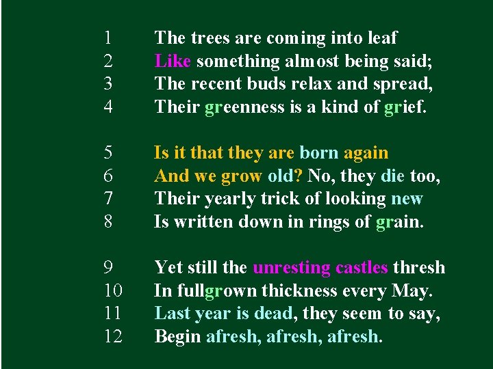 1 2 3 4 The trees are coming into leaf Like something almost being