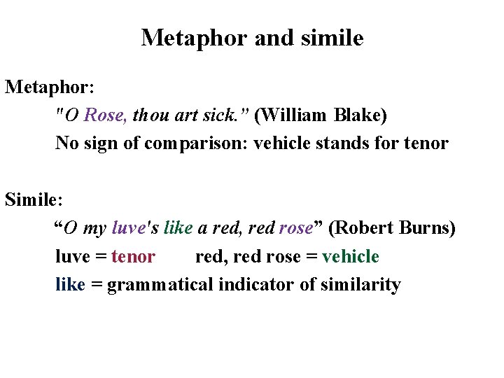 Metaphor and simile Metaphor: "O Rose, thou art sick. ” (William Blake) No sign