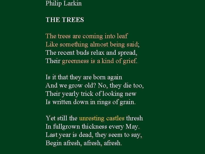 Philip Larkin THE TREES The trees are coming into leaf Like something almost being