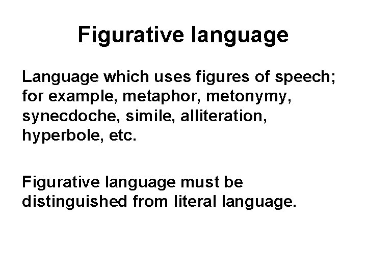 Figurative language Language which uses figures of speech; for example, metaphor, metonymy, synecdoche, simile,