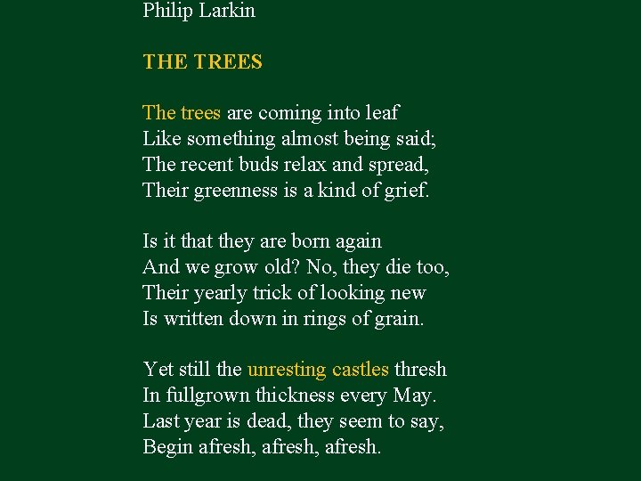 Philip Larkin THE TREES The trees are coming into leaf Like something almost being