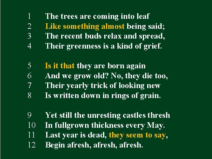 1 2 3 4 The trees are coming into leaf Like something almost being