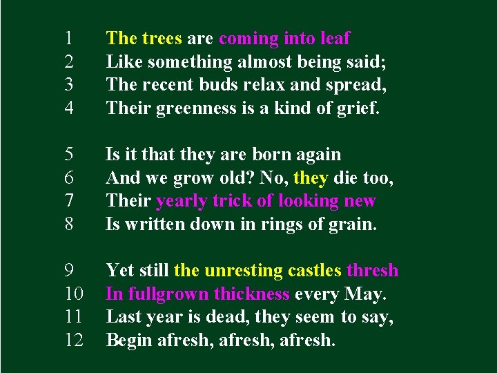 1 2 3 4 The trees are coming into leaf Like something almost being