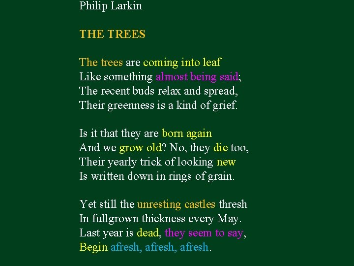 Philip Larkin THE TREES The trees are coming into leaf Like something almost being