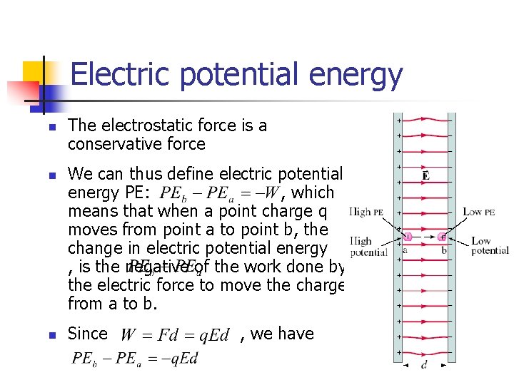 Electric potential energy n n n The electrostatic force is a conservative force We
