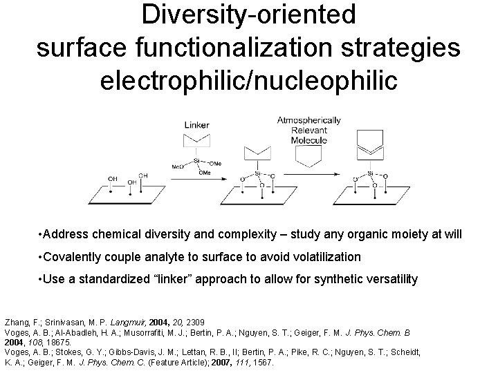 Diversity-oriented surface functionalization strategies electrophilic/nucleophilic • Address chemical diversity and complexity – study any