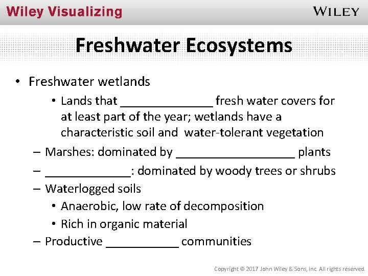 Freshwater Ecosystems • Freshwater wetlands • Lands that _______ fresh water covers for at