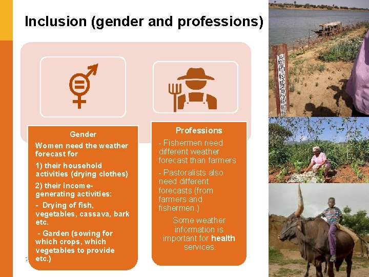 Inclusion (gender and professions) 7 Gender Women need the weather forecast for 1) their