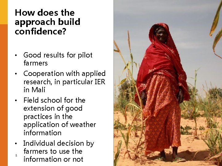 How does the approach build confidence? • Good results for pilot farmers • Cooperation