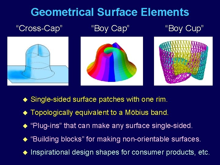 Geometrical Surface Elements “Cross-Cap” “Boy Cup” u Single-sided surface patches with one rim. u