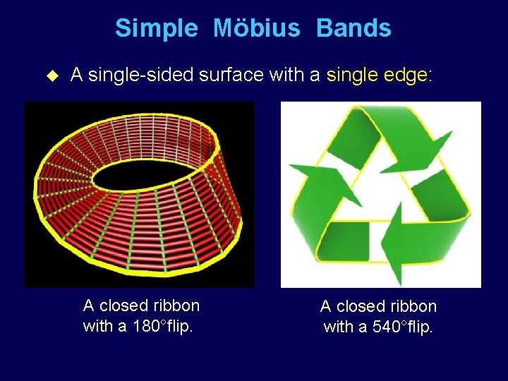 Simple Möbius Bands u A single-sided surface with a single edge: A closed ribbon