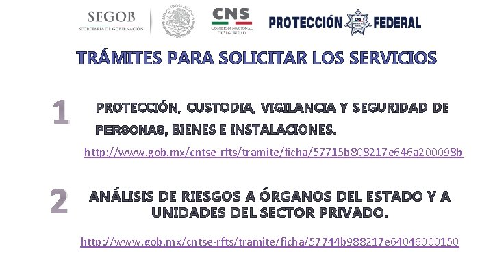 TRÁMITES PARA SOLICITAR LOS SERVICIOS 1 PROTECCIÓN, CUSTODIA, VIGILANCIA Y SEGURIDAD DE PERSONAS, BIENES