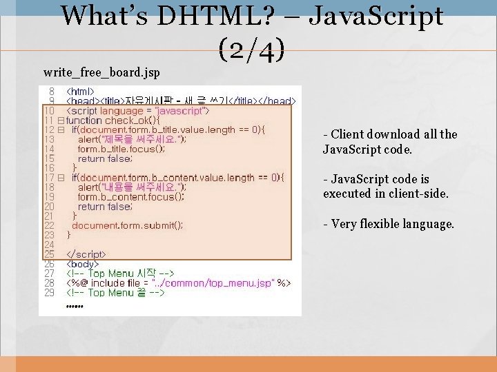 What’s DHTML? – Java. Script (2/4) write_free_board. jsp - Client download all the Java.