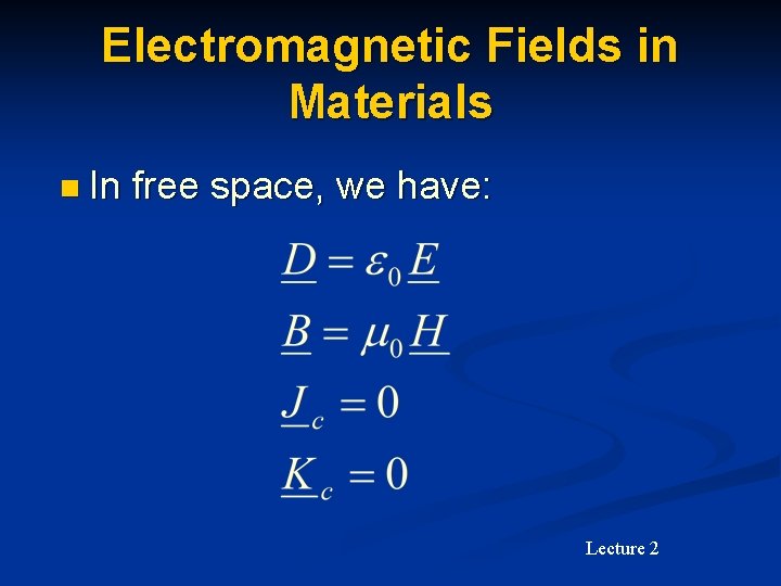 Electromagnetic Fields in Materials n In free space, we have: Lecture 2 