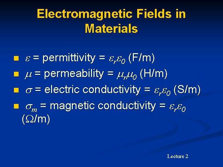 Electromagnetic Fields in Materials n n e = permittivity = ere 0 (F/m) m