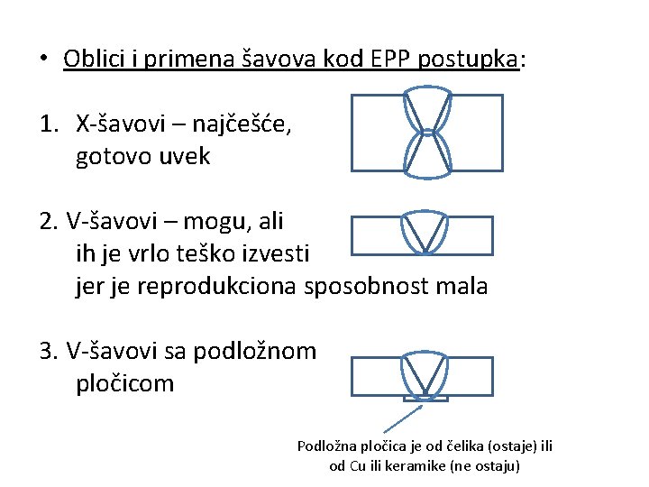  • Oblici i primena šavova kod EPP postupka: 1. X-šavovi – najčešće, gotovo