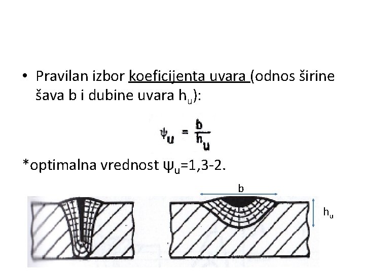  • Pravilan izbor koeficijenta uvara (odnos širine šava b i dubine uvara hu):