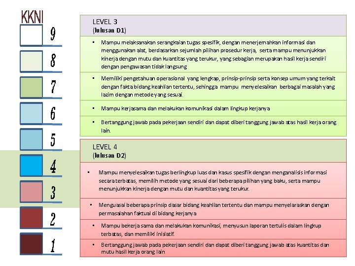 LEVEL 3 (lulusan D 1) • Mampu melaksanakan serangkaian tugas spesifik, dengan menerjemahkan informasi