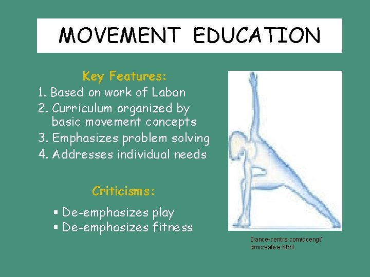 MOVEMENT EDUCATION Key Features: 1. Based on work of Laban 2. Curriculum organized by MOVEMENT EDUCATION Key Features: 1. Based on work of Laban 2. Curriculum organized by
