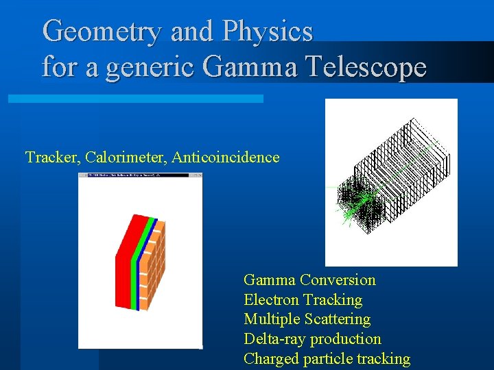 Geometry and Physics for a generic Gamma Telescope Tracker, Calorimeter, Anticoincidence Gamma Conversion Electron Geometry and Physics for a generic Gamma Telescope Tracker, Calorimeter, Anticoincidence Gamma Conversion Electron