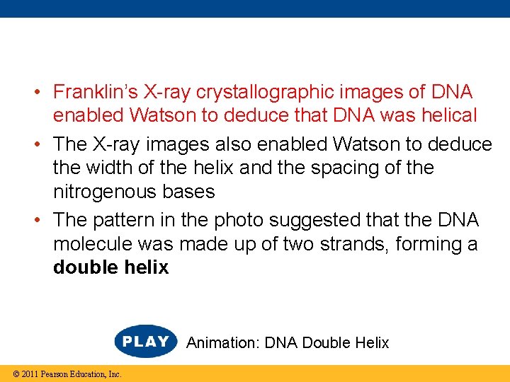  • Franklin’s X-ray crystallographic images of DNA enabled Watson to deduce that DNA