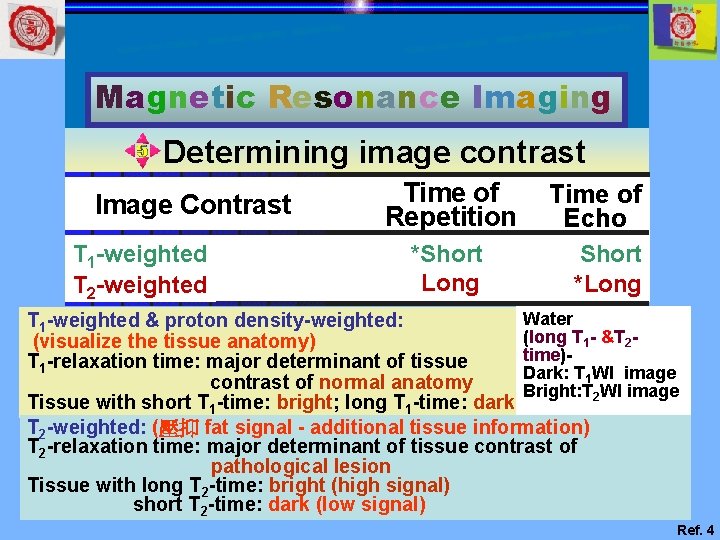 Magnetic Resonance Imaging Determining image contrast Image Contrast T 1 -weighted T 2 -weighted