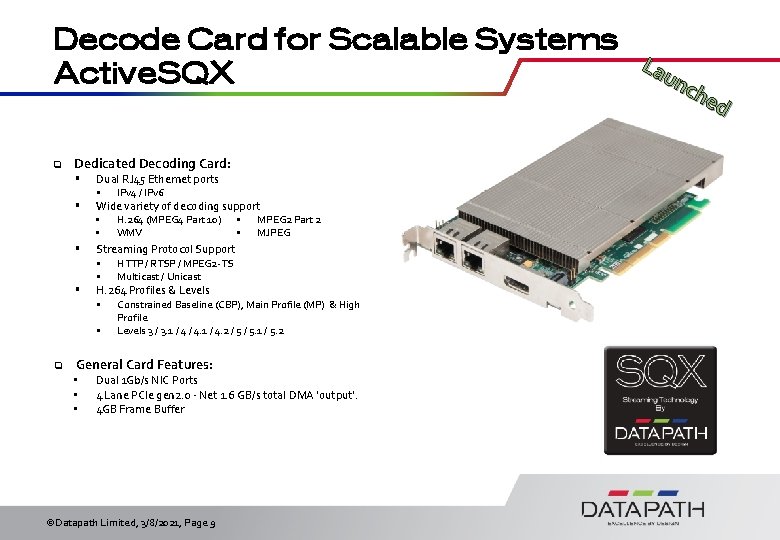 Decode Card for Scalable Systems La un Active. SQX che d q Dedicated Decoding